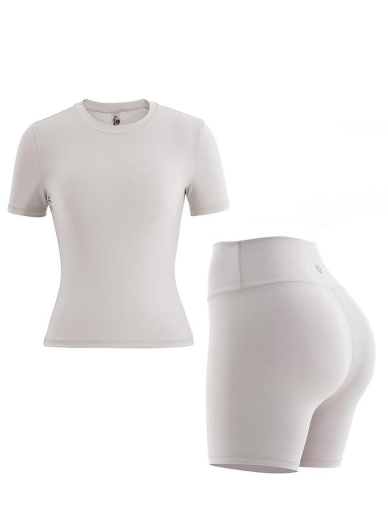 Women'S Solid Seamless Tracksuit Set, Sporty Crew Neck Short Sleeve T-Shirt & High Waist Biker Shorts Set, Two Piece Sets Tracksuits, Ladies Sportswear for Fall, Outfit, Fall Outfits, Fallfreshness, Tracksuit Uniform Leisure Wear Top