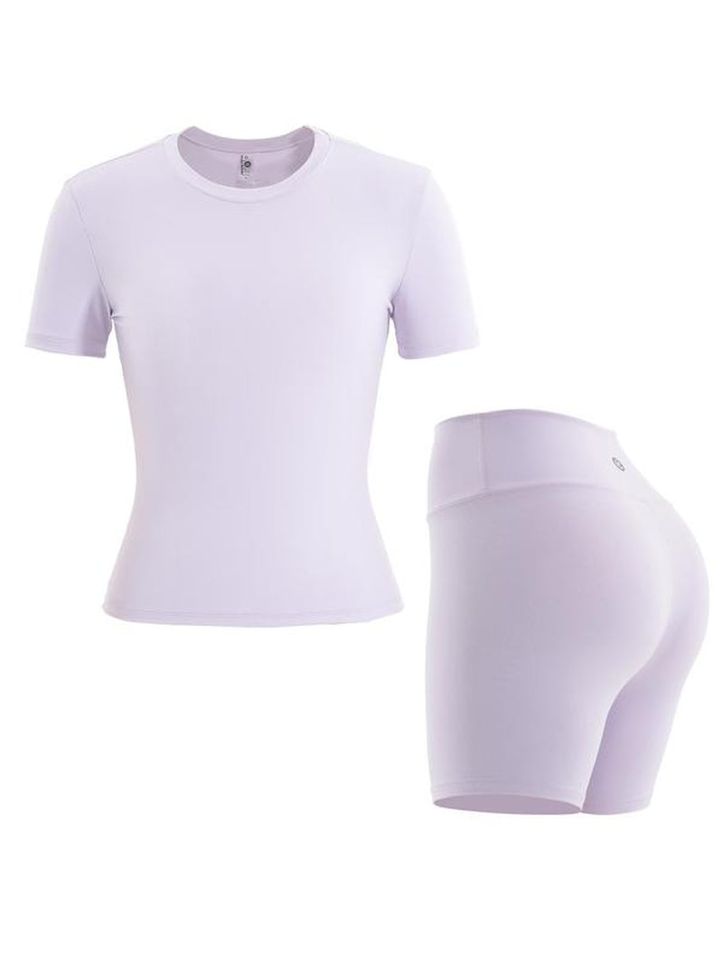 Women'S Solid Seamless Tracksuit Set, Sporty Crew Neck Short Sleeve T-Shirt & High Waist Biker Shorts Set, Two Piece Sets Tracksuits, Ladies Sportswear for Fall, Outfit, Fall Outfits, Fallfreshness, Tracksuit Uniform Leisure Wear Top